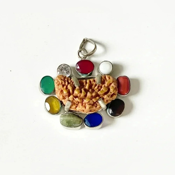 Silvertone Natural Gemstones Rudraksha Chakra Pendant, Spiritual, Health Fortune - Picture 3 of 4